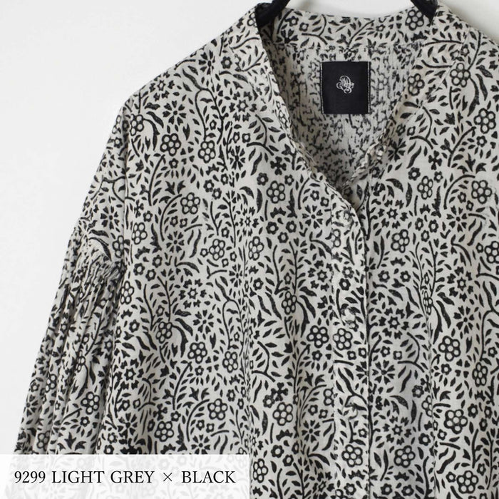 maison de soil | 80'S COTTON FLOWER BLOCK PRINT BANDED COLLAR SHIRT WITH MINI PINTUCK