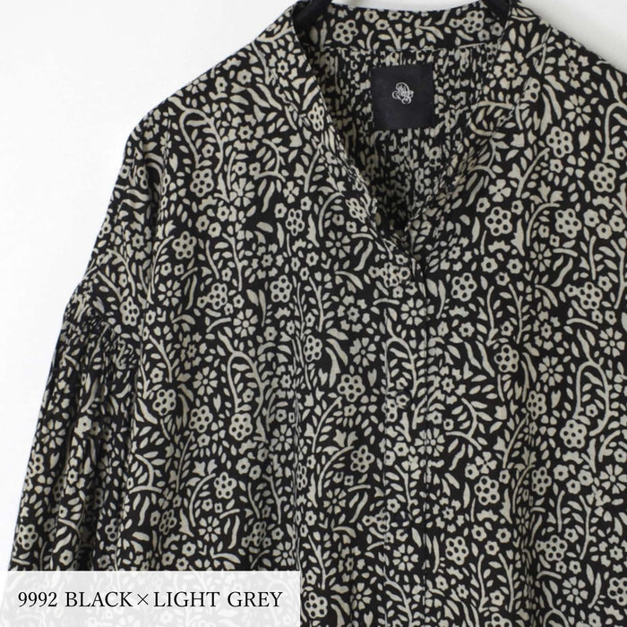 maison de soil | 80'S COTTON FLOWER BLOCK PRINT BANDED COLLAR SHIRT WITH MINI PINTUCK