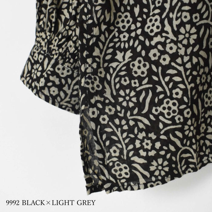 house of soil | 80'S COTTON FLOWER BLOCK PRINT BANDED COLLAR SHIRT WITH MINI PINTUCK