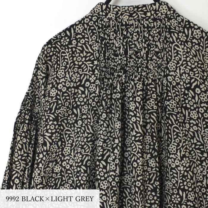 house of soil | 80'S COTTON FLOWER BLOCK PRINT BANDED COLLAR SHIRT WITH MINI PINTUCK