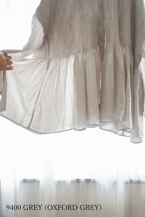 maison de soil | 80s ORGANIC MICRO CHECK OVERDYE CREW-NECK BUTTON SHIRT WITH MINI PINTUCK