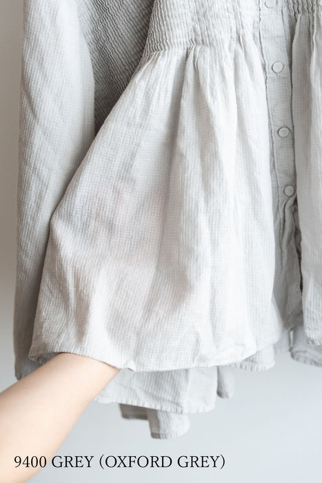 maison de soil | 80s ORGANIC MICRO CHECK OVERDYE CREW-NECK BUTTON SHIRT WITH MINI PINTUCK