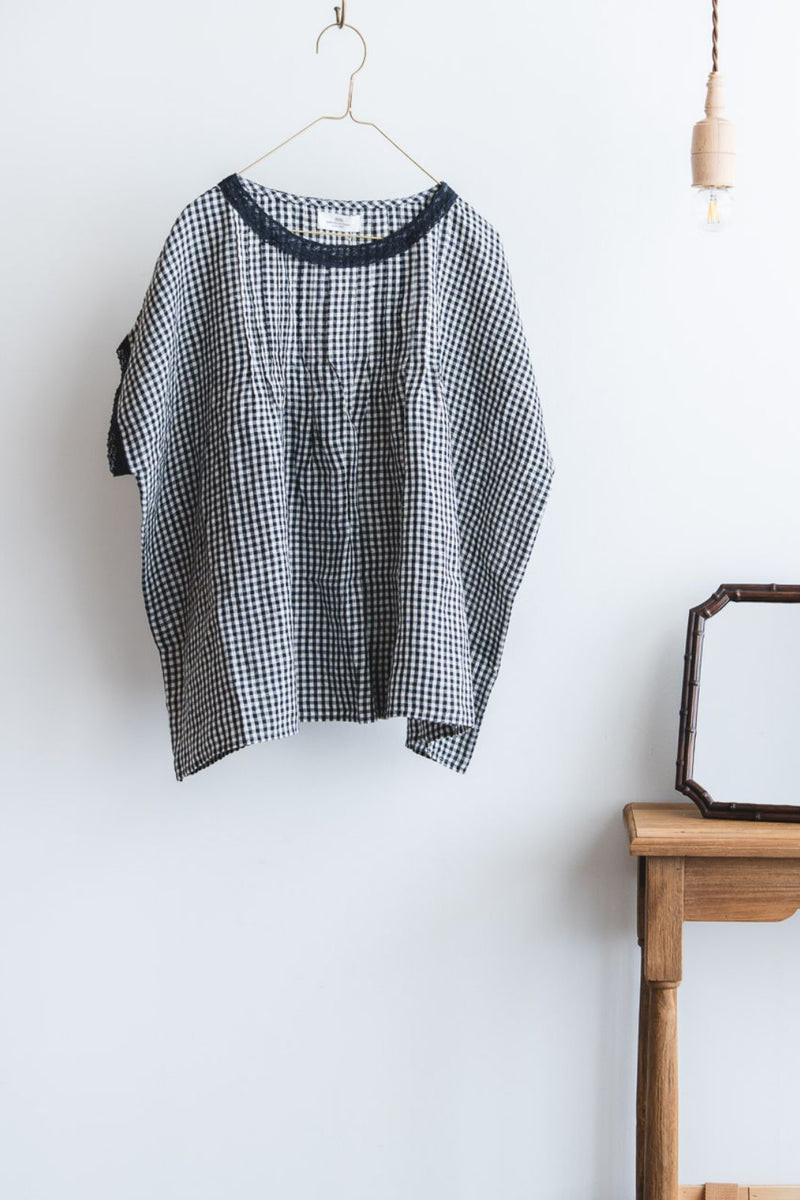 極美品　グレースコンチネンタル　ギンガムチェックフラワーブルゾン　ノーカラー ギンガムチェックブラウス【プラス企画】 | Leilian plus house (Women