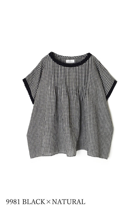 リネンギンガムチェックブラウス｜ブラックレースが映える大人の
