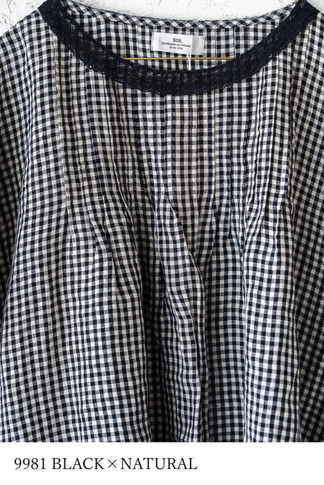 SOIL | 60s LINEN GINGHAM CHECK BOAT NECK PULLOVER WITH PINTUCK