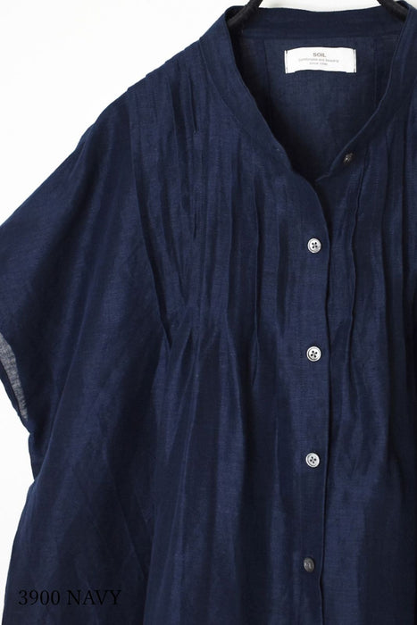 SOIL | 60s AUTO LOOM COTTON/LINEN PLAIN BANDED COLLAR FRENCH/SL PINTUCK SHIRTS