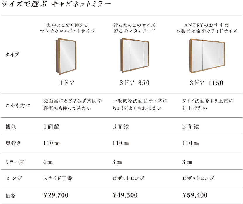 Wood rect（ウッドレクト）3ドアキャビネットミラー 850｜木製3面鏡